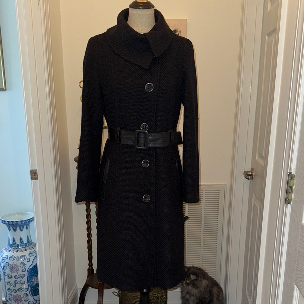 Mackage Black Textured Wool Coat with Leather Trim SZ M
